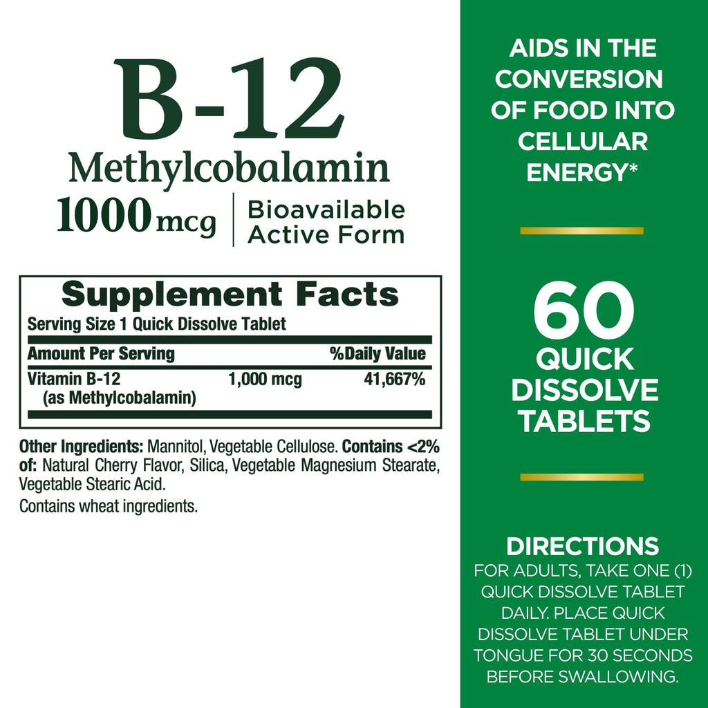 Nature's Bounty Vitamin B-12 Quick-Dissolve Tablets 1000mcg | Cherry Flavor, 60 ct
