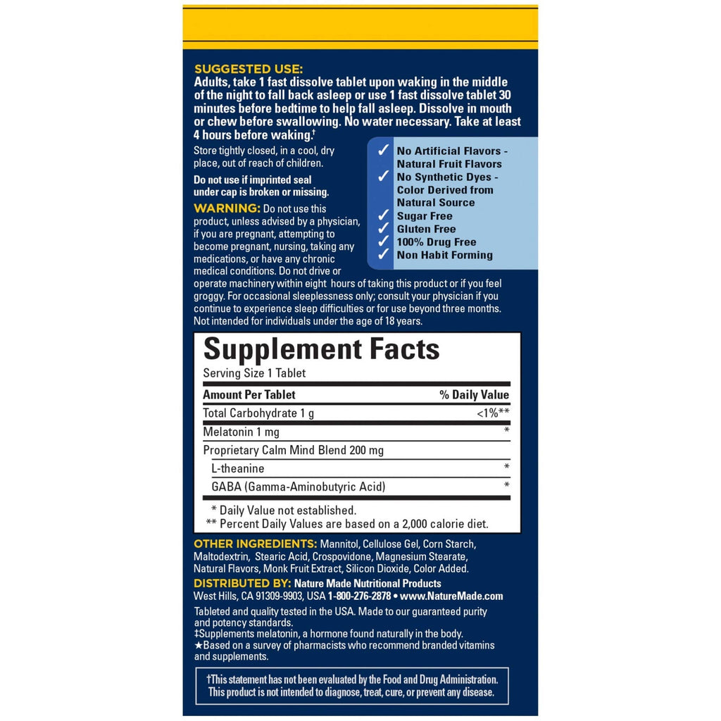 Nature Made Back to Sleep – Melatonin 1mg Fast-Dissolve (40 Tablets)