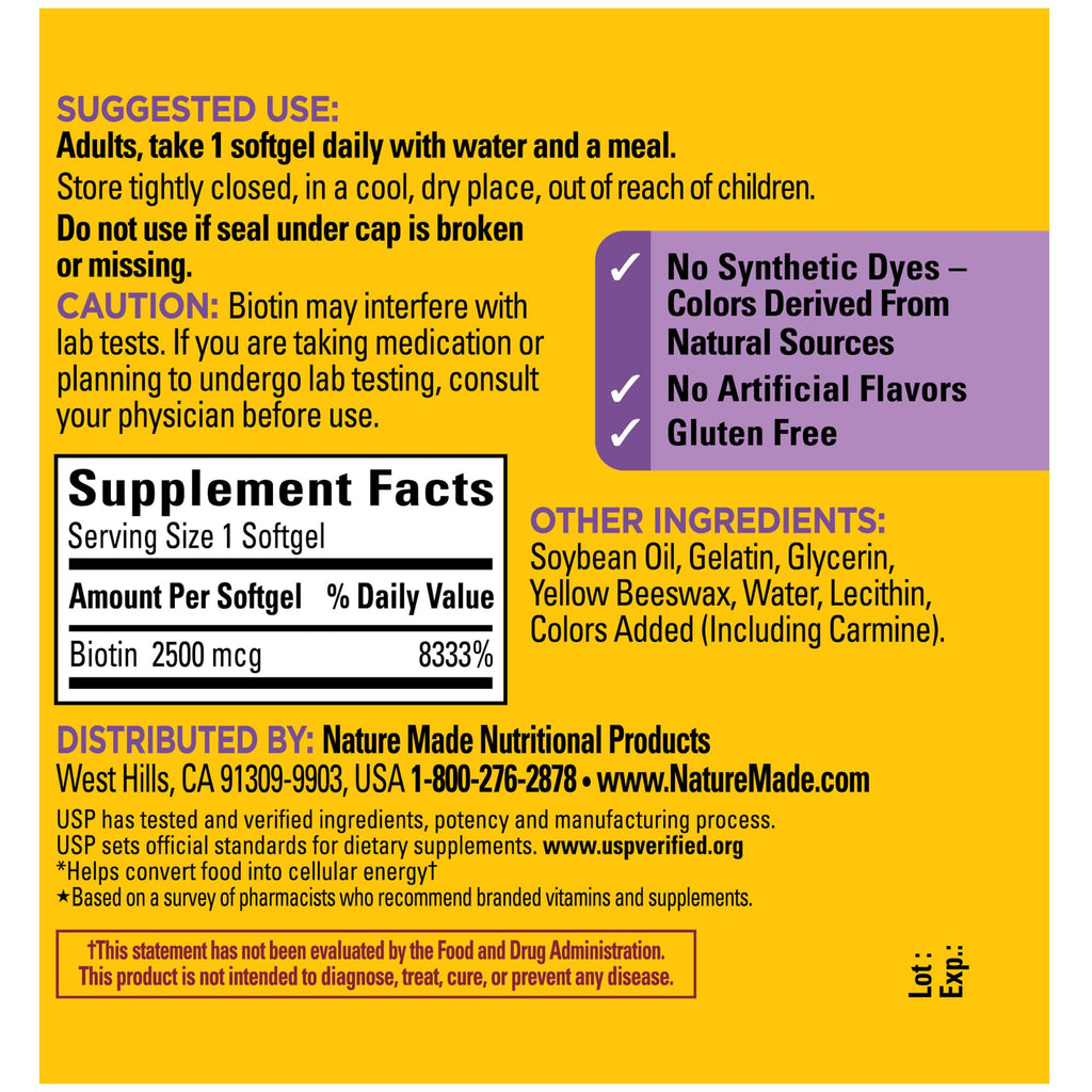 Nature Made Biotin 2500 mcg Softgels – Healthy Hair, Skin & Nails | 150 Day Supply