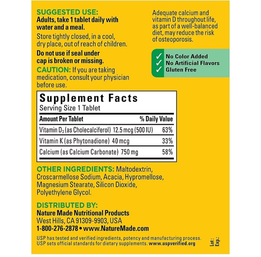 Nature Made Calcium 750 mg with D3 & K - 300 Tablets | Bone Health