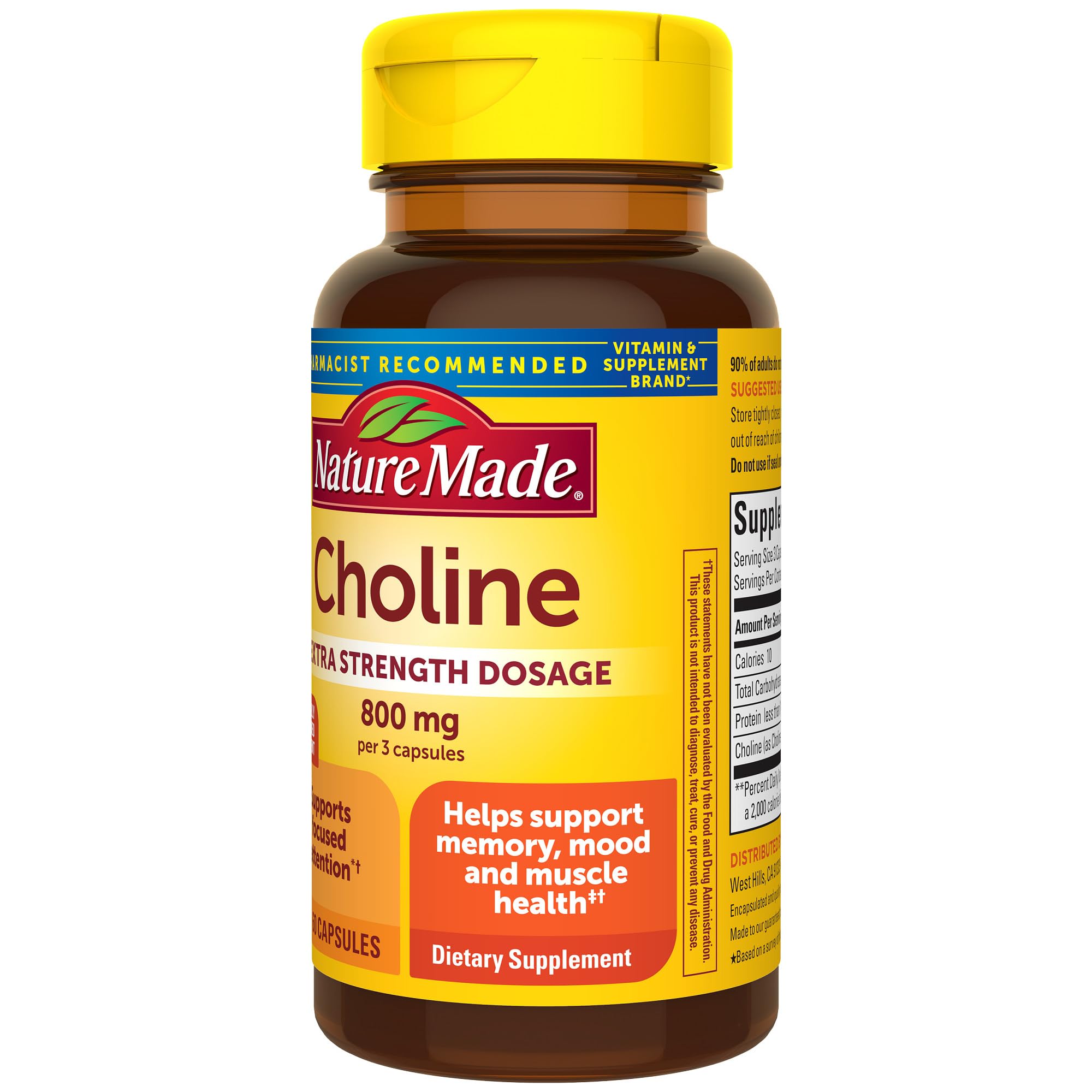 Nature Made Choline 800 mg – Brain Health, Mood & Liver Support | 60 Capsules