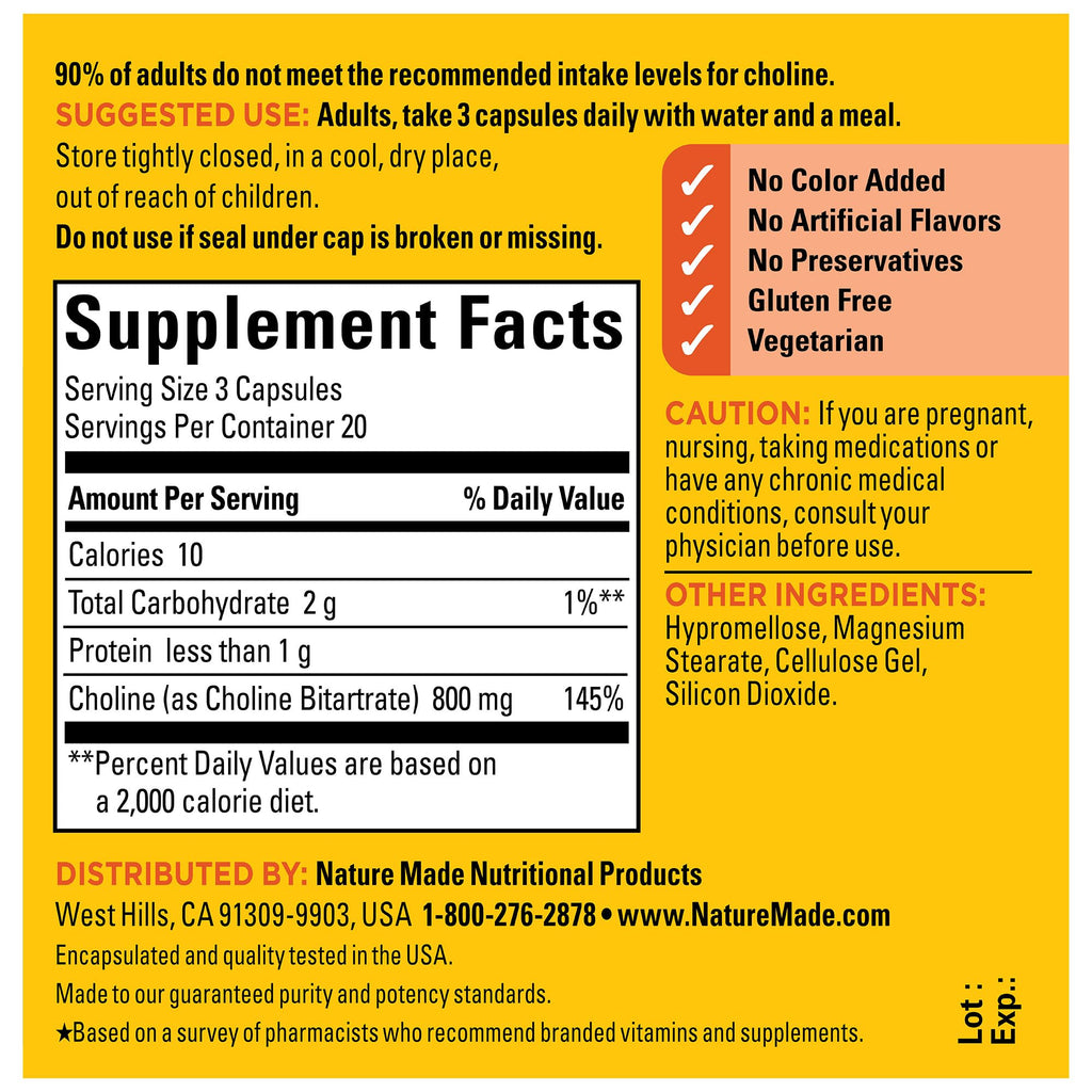 Nature Made Choline 800 mg – Brain Health, Mood & Liver Support | 60 Capsules