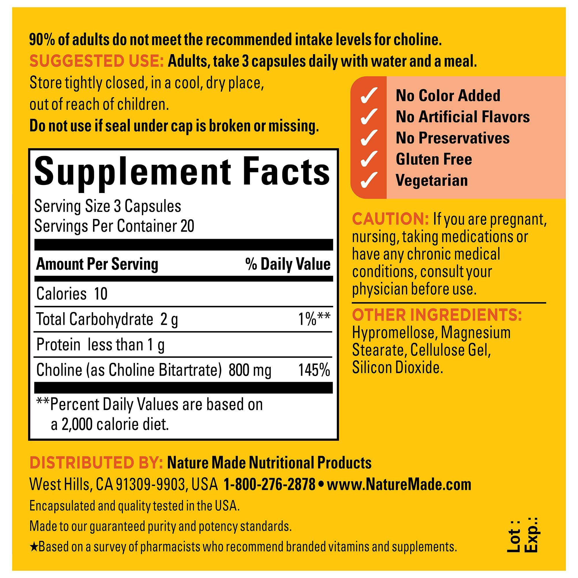 Nature Made Choline 800 mg – Brain Health, Mood & Liver Support | 60 Capsules