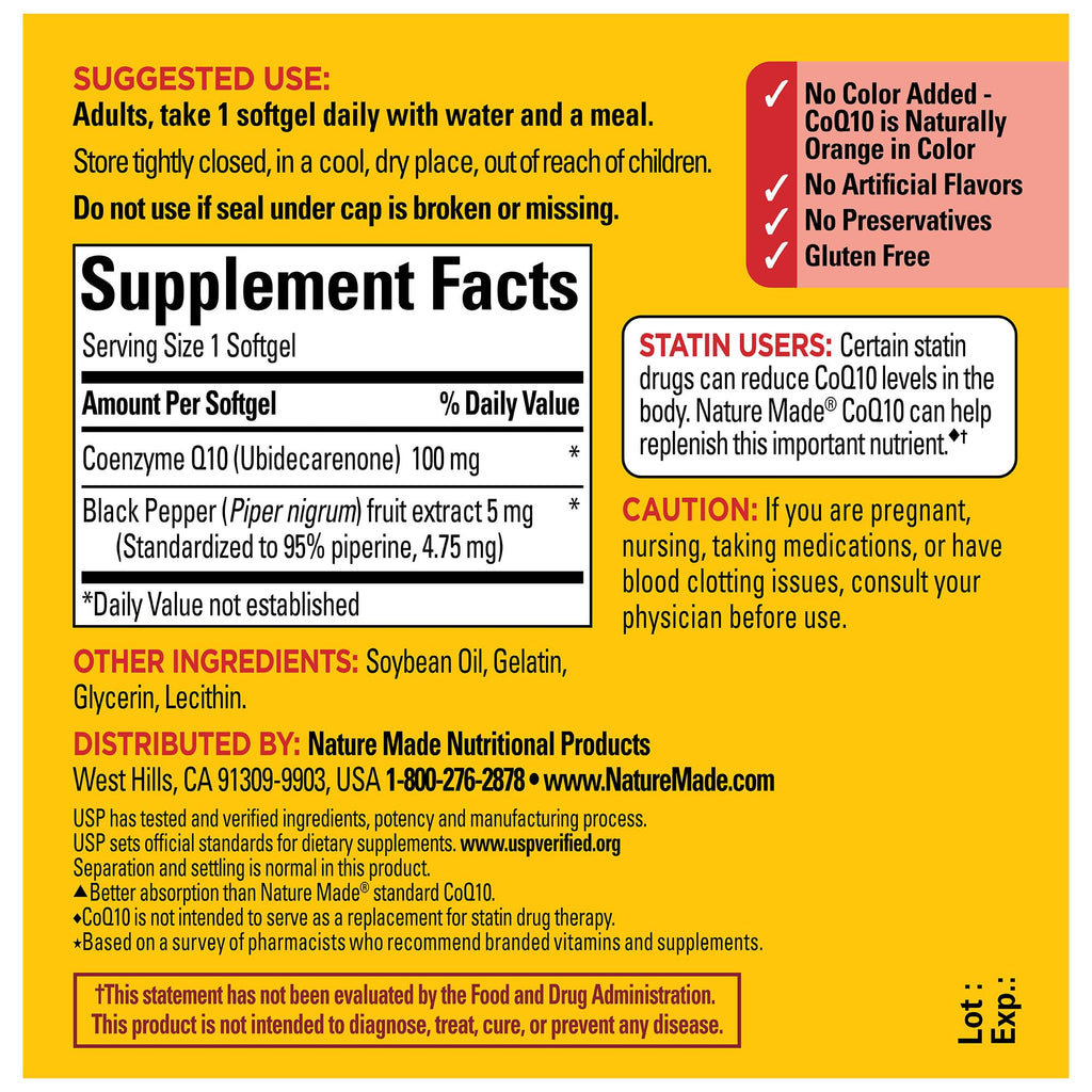 Nature Made CoQ10 100 mg with Black Pepper Extract – 30 Softgels | Heart Health Support