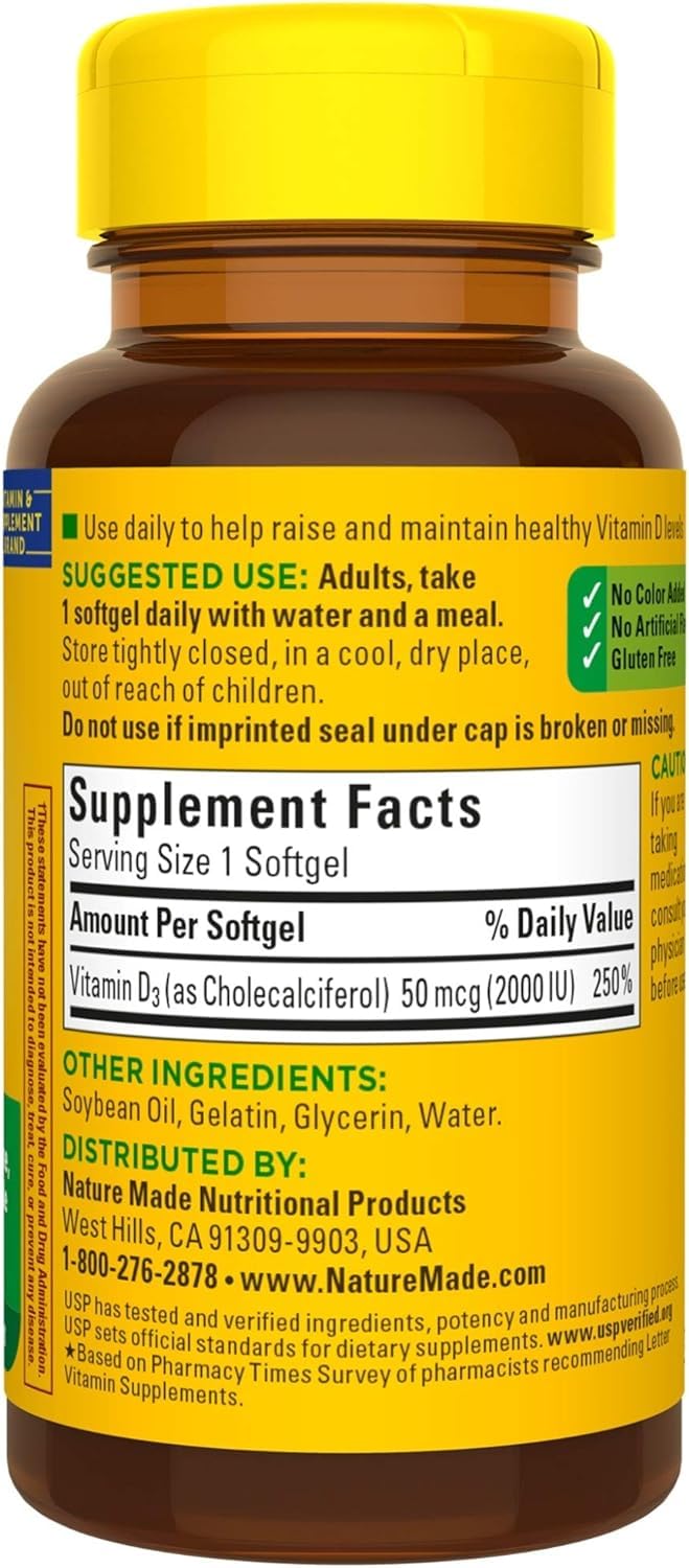 Nature Made Vitamin D3 2000 IU Liquid Softgels – 3-Pack (90 ea per bottle)