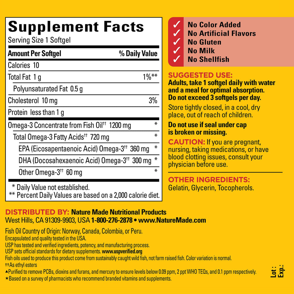 Nature Made Omega-3 Fish Oil 1200 mg Softgels – EPA/DHA for Heart, Brain & Eyes