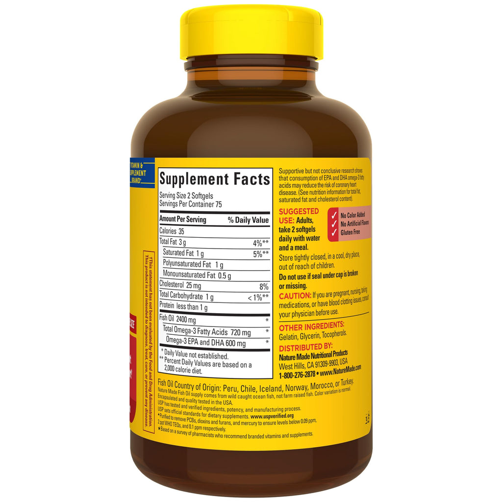 Nature Made Fish Oil 1200 mg Softgels – Omega-3 for Heart Health, 150-Count (75-Day Supply)