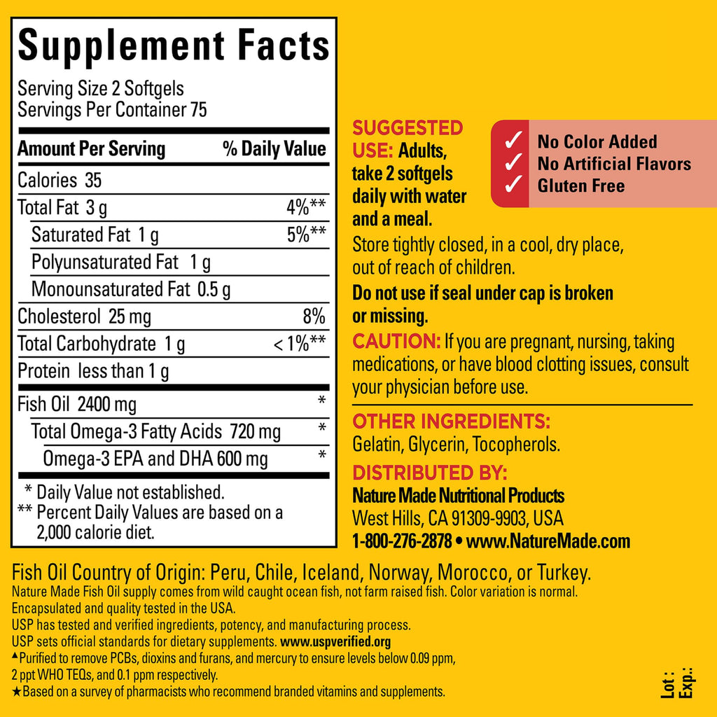 Nature Made Fish Oil 1200 mg Softgels – Omega-3 for Heart Health, 150-Count (75-Day Supply)