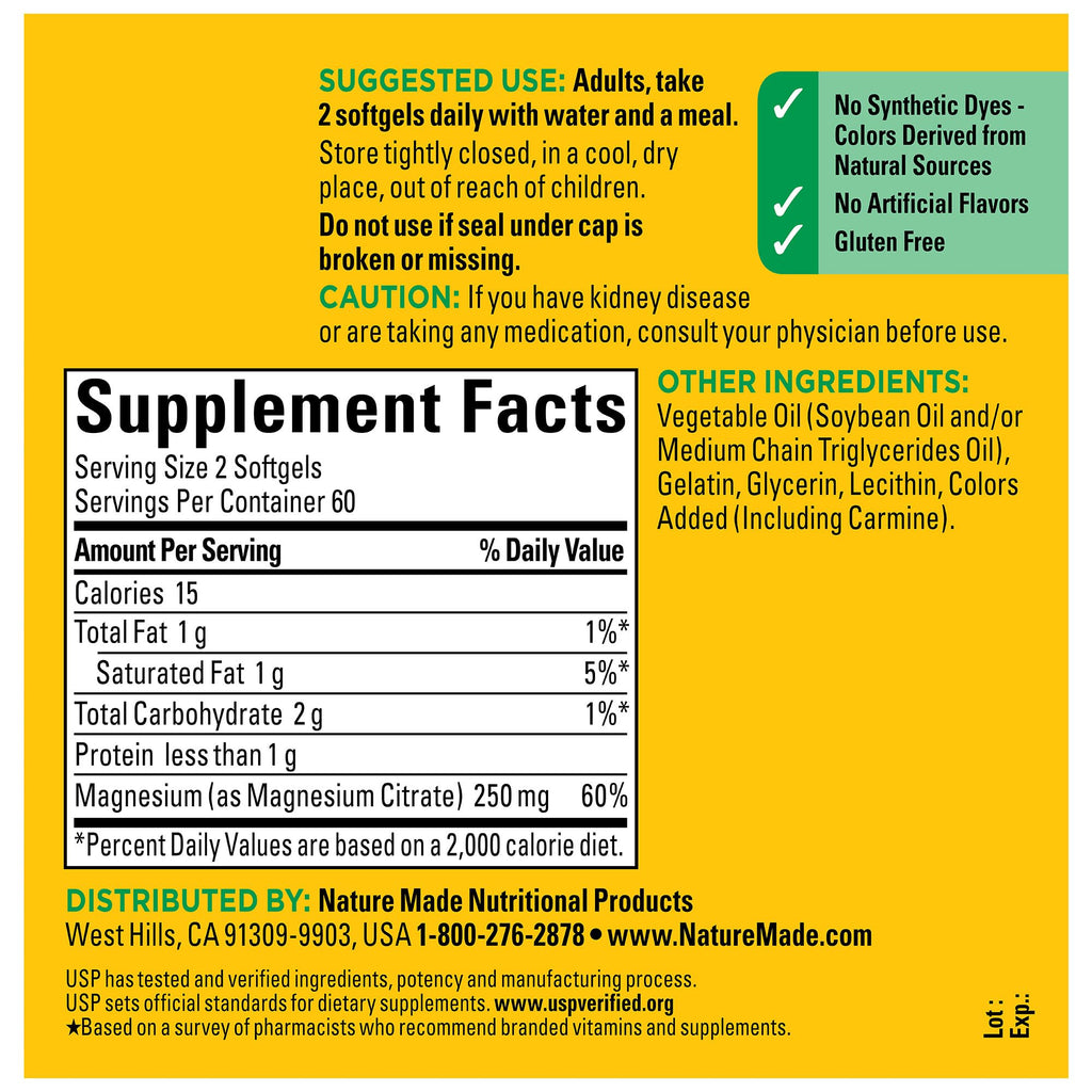 Nature Made Magnesium Citrate 250 mg Softgels – 60-Day Supply for Muscle, Nerve, Bone & Heart Health