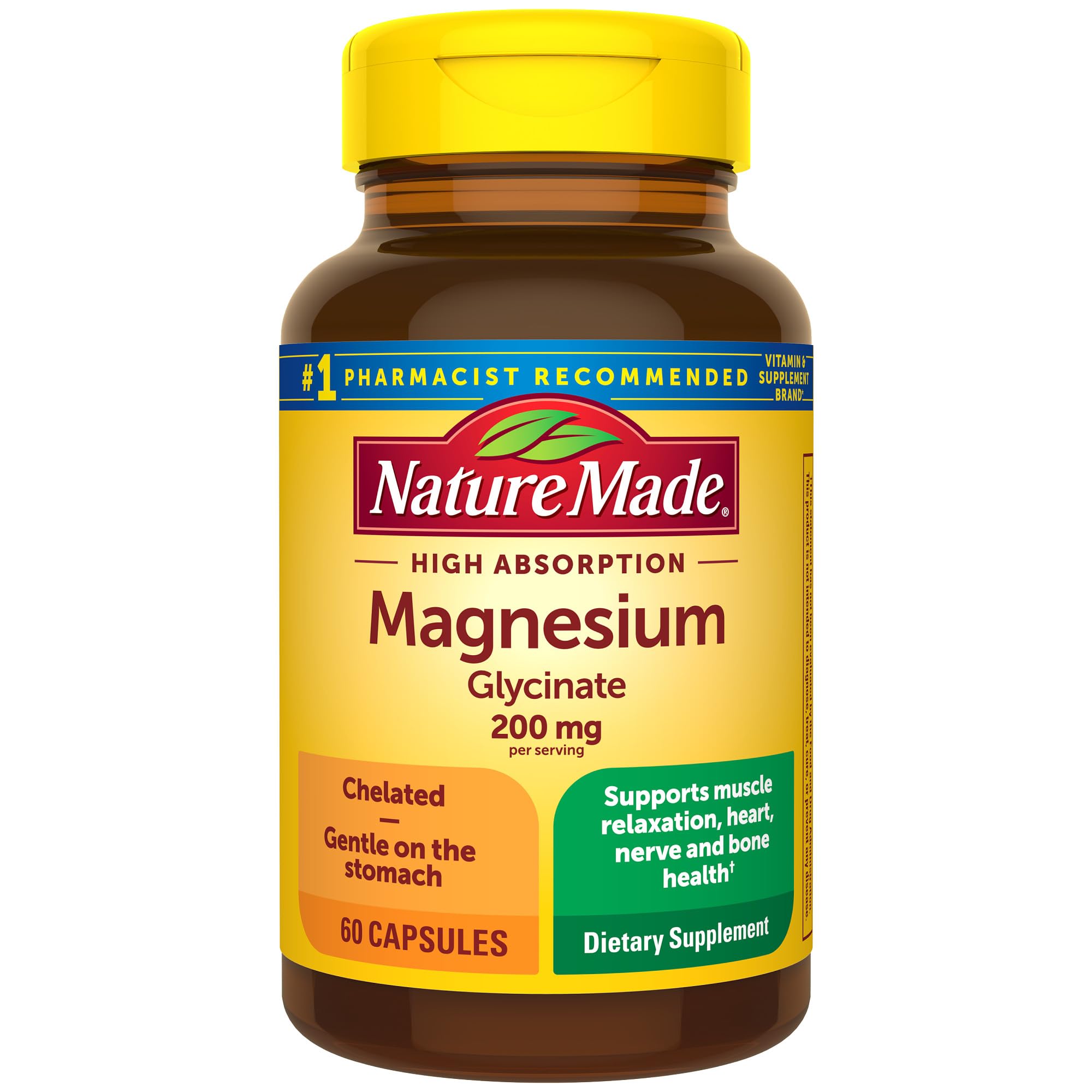 Nature Made Magnesium Glycinate 200 mg – 60 Capsules | Supports Muscle, Heart, Nerve & Bone Health