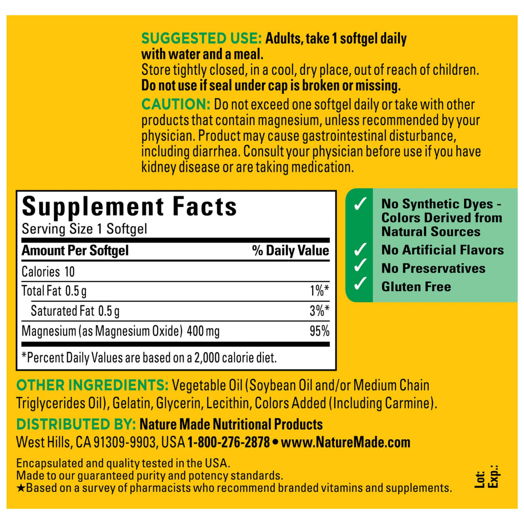 Nature Made Magnesium Oxide 400 mg Softgels – Extra Strength, 110-Count