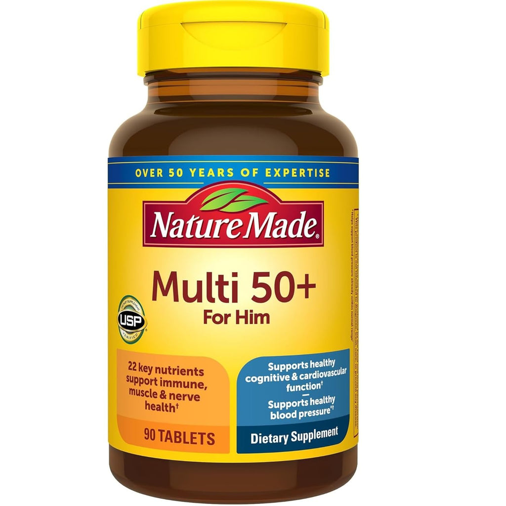 Nature Made Multi for Him 50+ – 90 Tablets per Bottle x 4 Pack | Iron-Free
