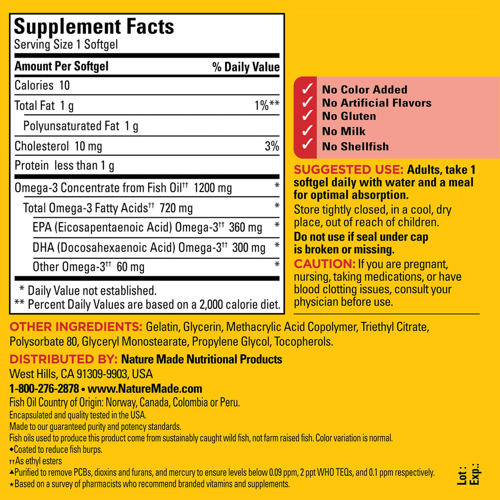 Nature Made Burp Less Omega-3 1200 mg Fish Oil Softgels – 120 Count