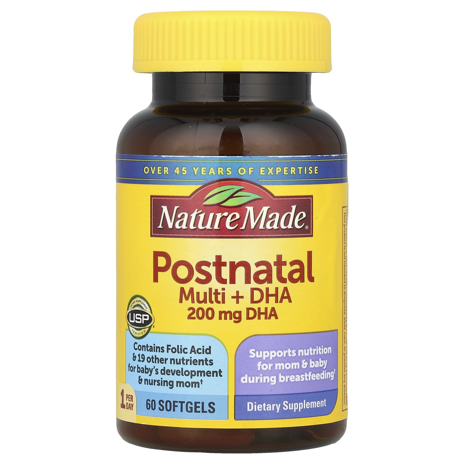 Nature Made Postnatal Multivitamin + DHA 200 mg, 60 Softgels – Supports Nursing Moms & Baby During Breastfeeding