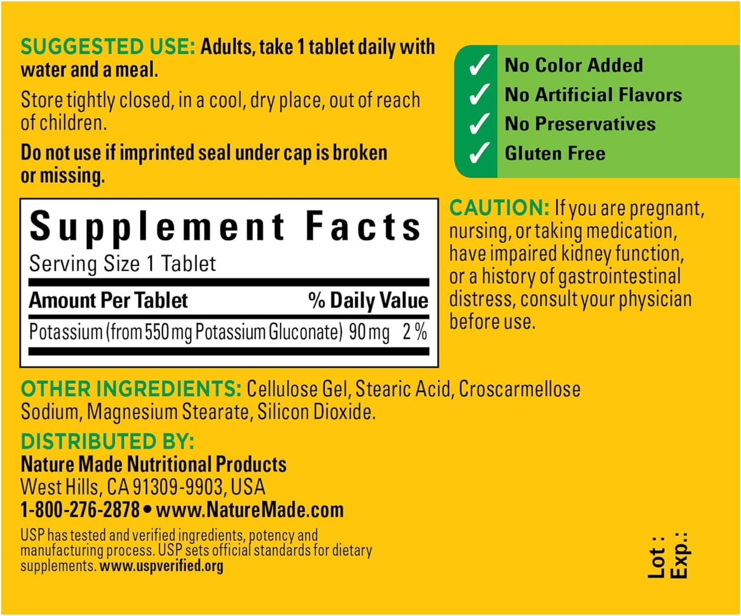 Nature Made Potassium Gluconate 550 mg, 100 Tablets | USP Verified