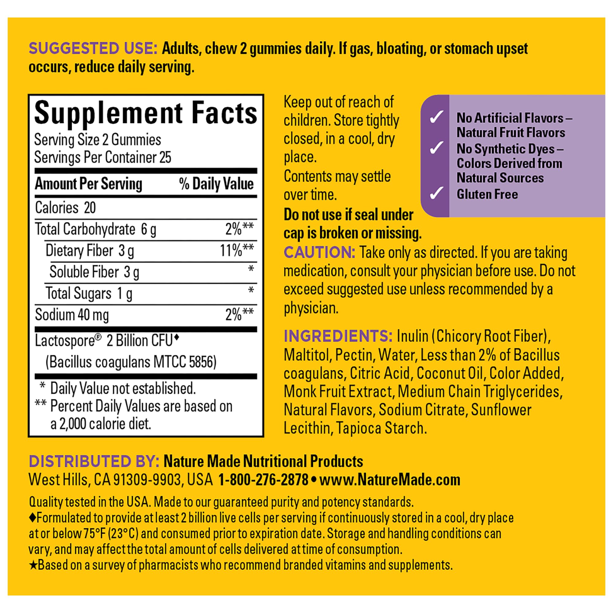 Nature Made Probiotic + Prebiotic Fiber Gummies – Gut Health Support, 50 Count (25 Day Supply)