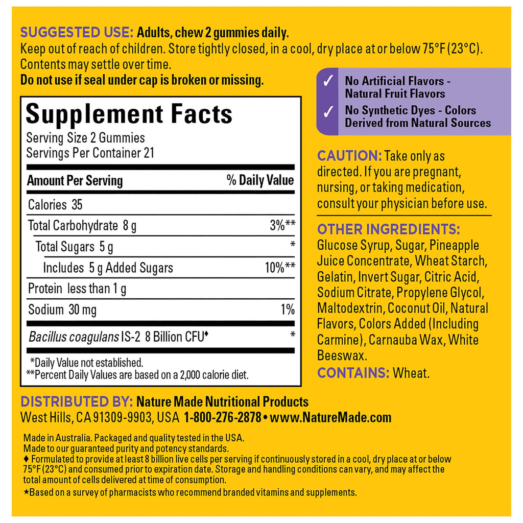 Nature Made Probiotics Extra Strength Gummies — 8 Billion CFU per 2 Gummies, 42‑Count, 21 Day Supply