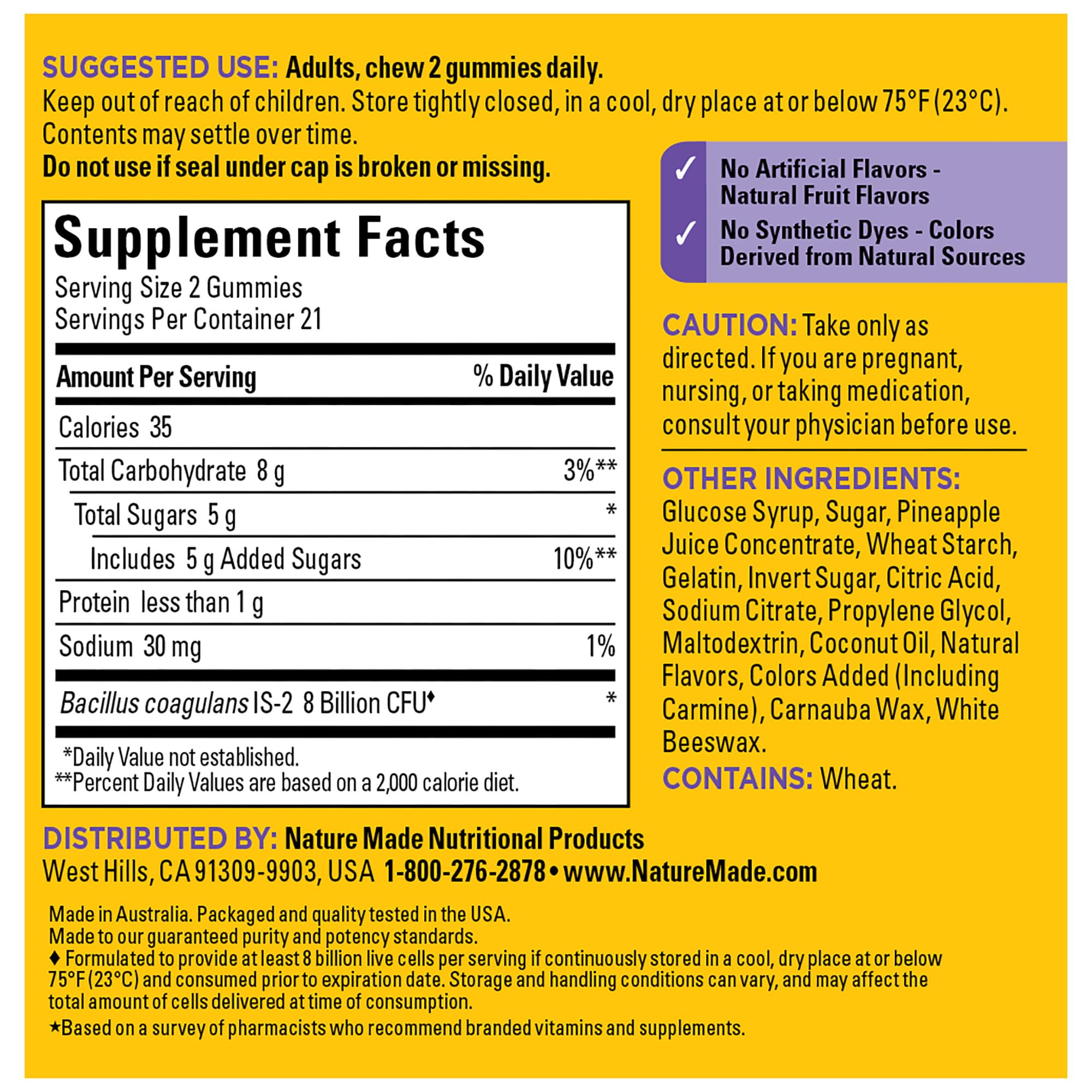 Nature Made Probiotics Extra Strength Gummies — 8 Billion CFU per 2 Gummies, 42‑Count, 21 Day Supply