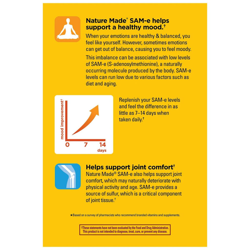 Nature Made SAM-e Complete 400 mg - 60 Enteric Coated Tablets | Mood & Joint Support