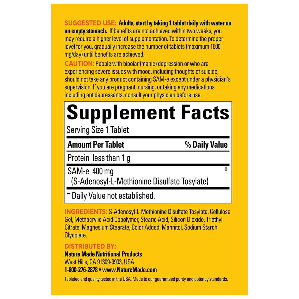 Nature Made SAM-e Complete 400 mg - 60 Enteric Coated Tablets | Mood & Joint Support