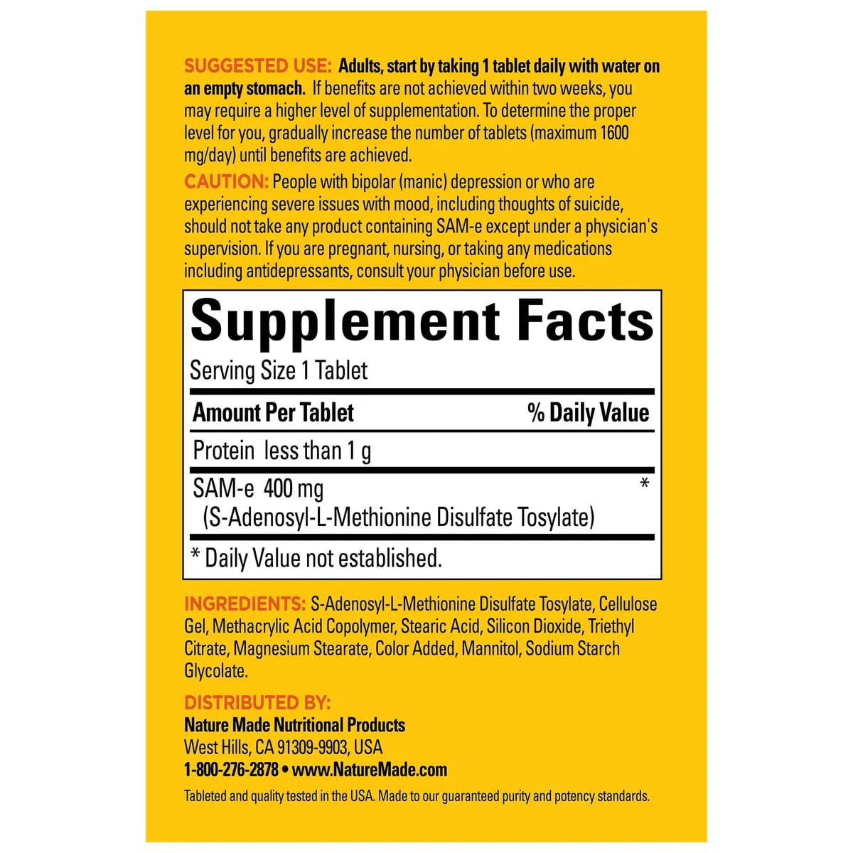 Nature Made SAM-e Complete 400 mg - 60 Enteric Coated Tablets | Mood & Joint Support
