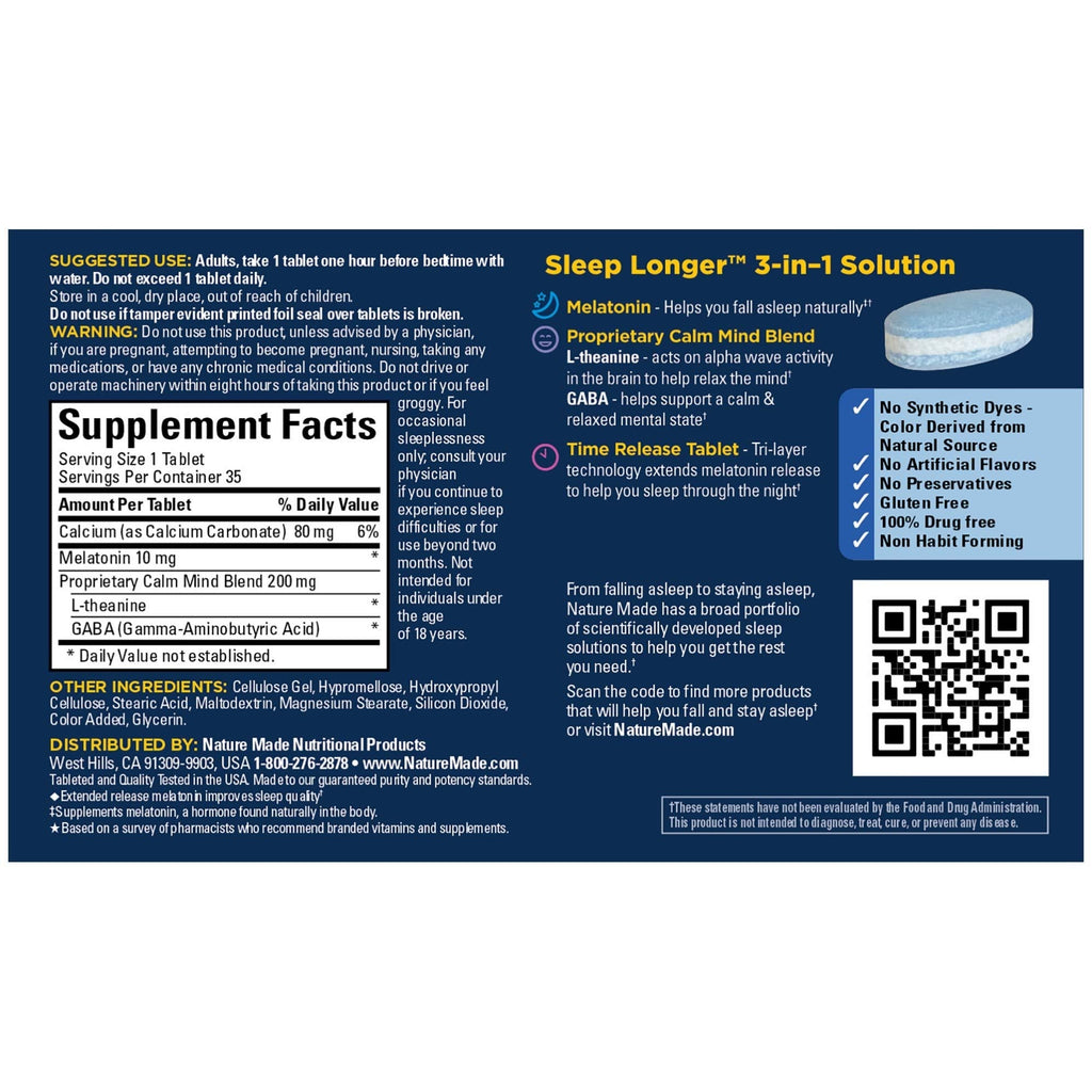 Nature Made Sleep Longer: Melatonin 10mg Time Release Tri-Layer, 35 Tablets