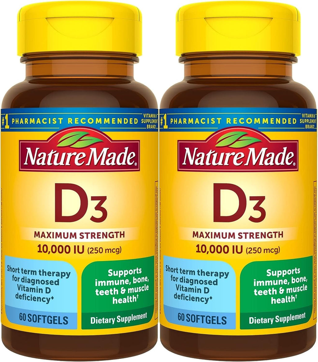 Nature Made Vitamin D3 10000 IU Softgels – Pack of 2 (60 Softgels each) | Bone, Teeth, Muscle & Immune Health
