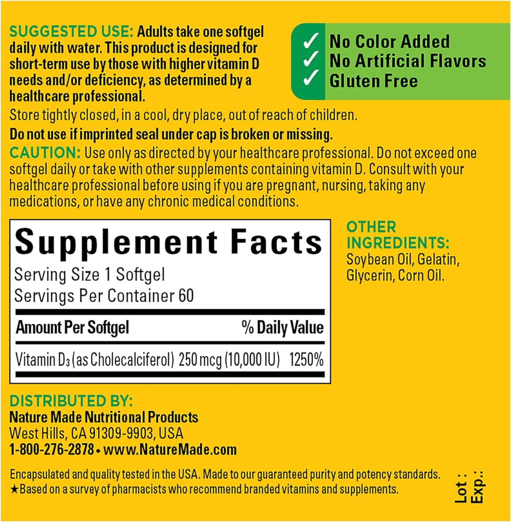 Nature Made Vitamin D3 10000 IU Softgels – Pack of 2 (60 Softgels each) | Bone, Teeth, Muscle & Immune Health