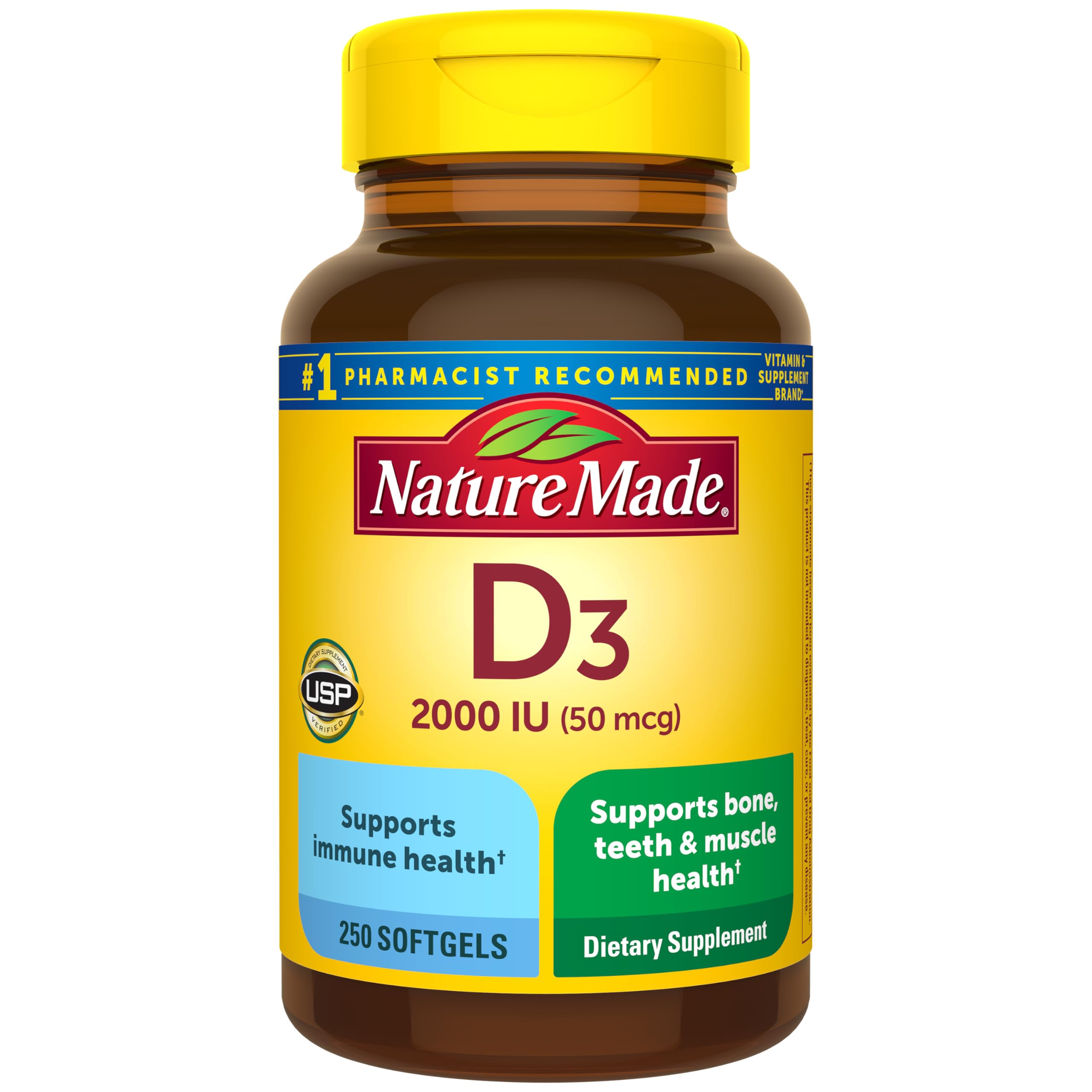 Nature Made Vitamin D3 2000 IU Softgels (50 mcg) – 250 Count | Immune & Bone Health