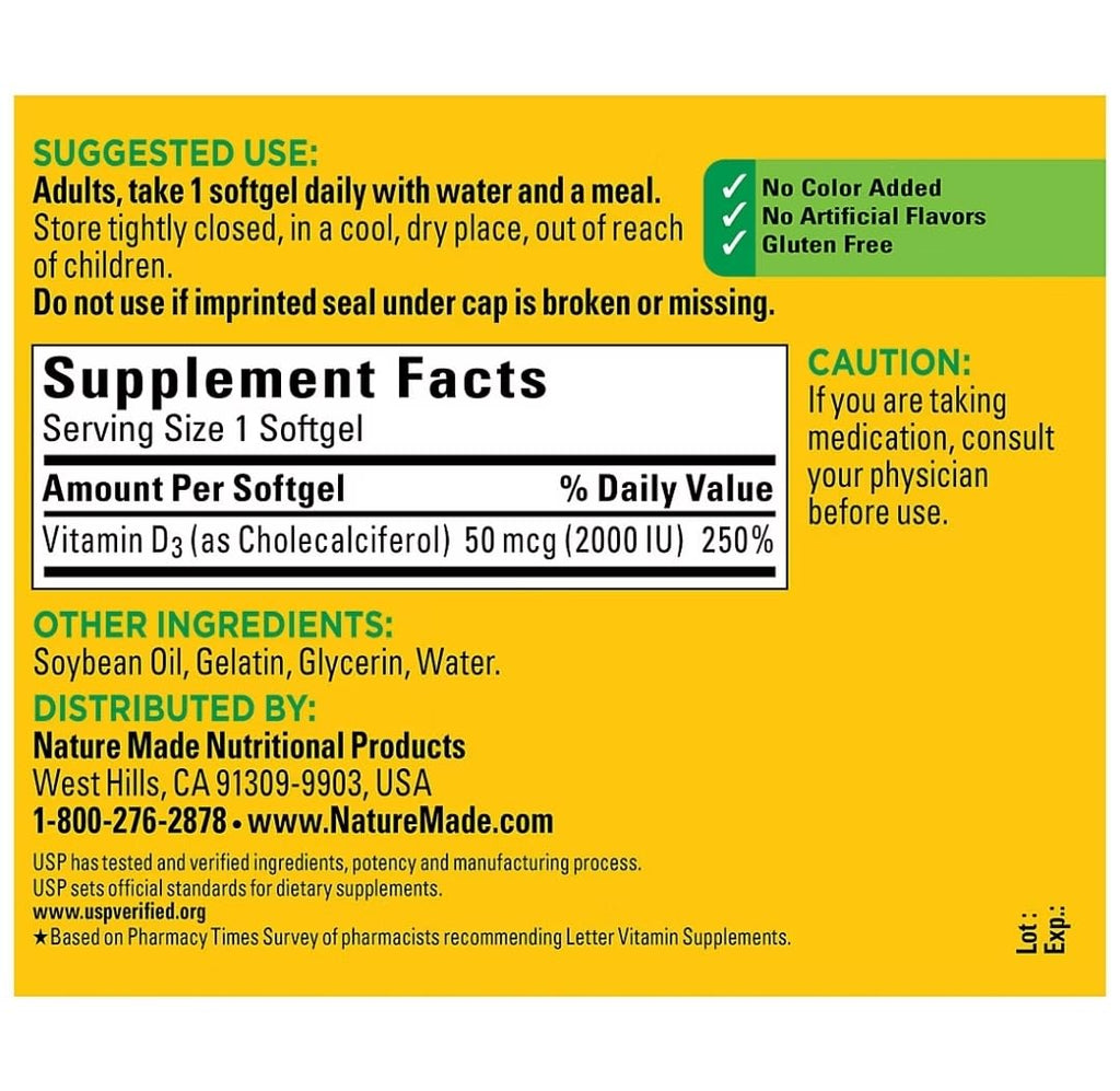 Nature Made Vitamin D3 2000 IU - 320 Softgels | Packaging May Vary