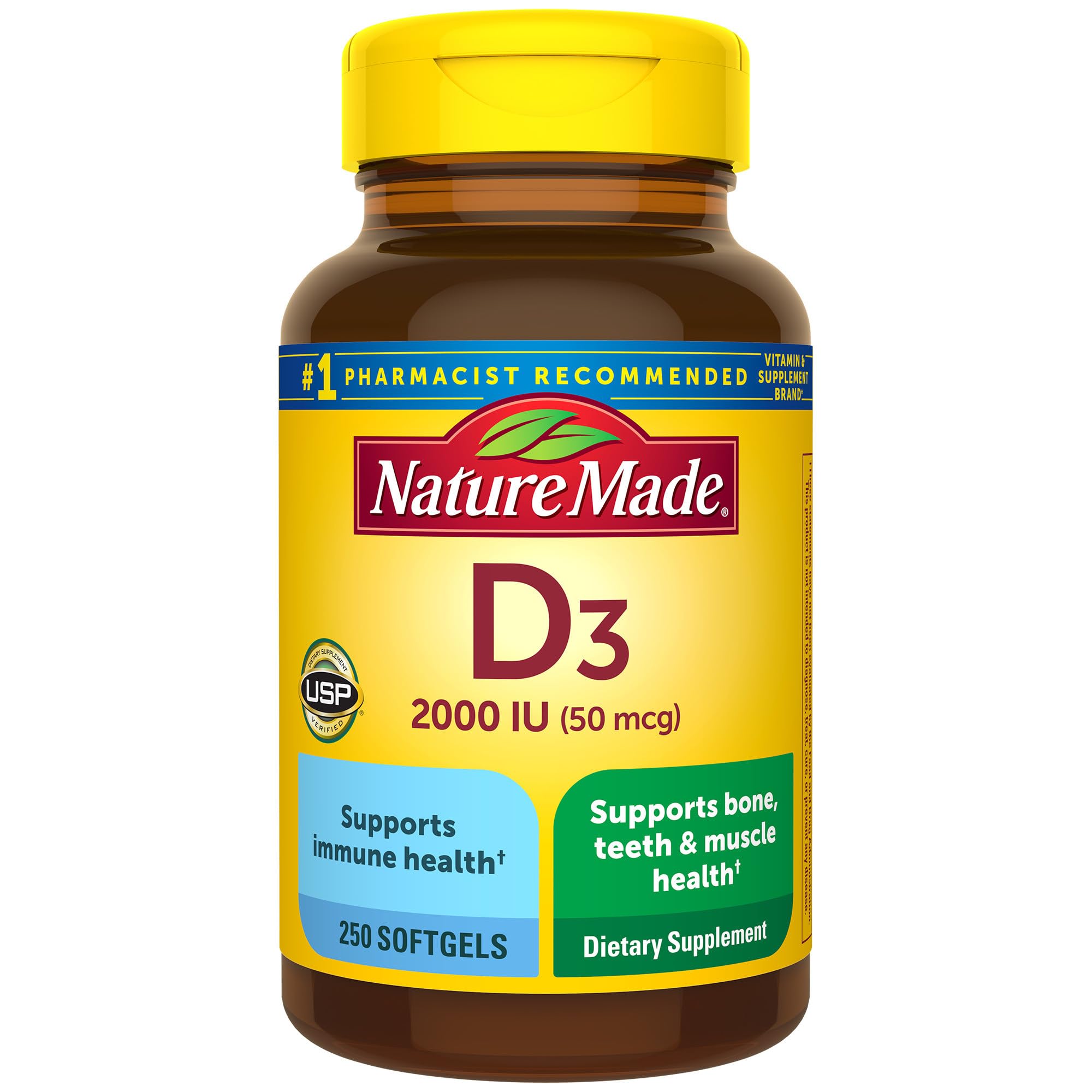 Nature Made Vitamin D3 2000 IU Softgels — Immune, Bone & Muscle Support | 250 Softgels