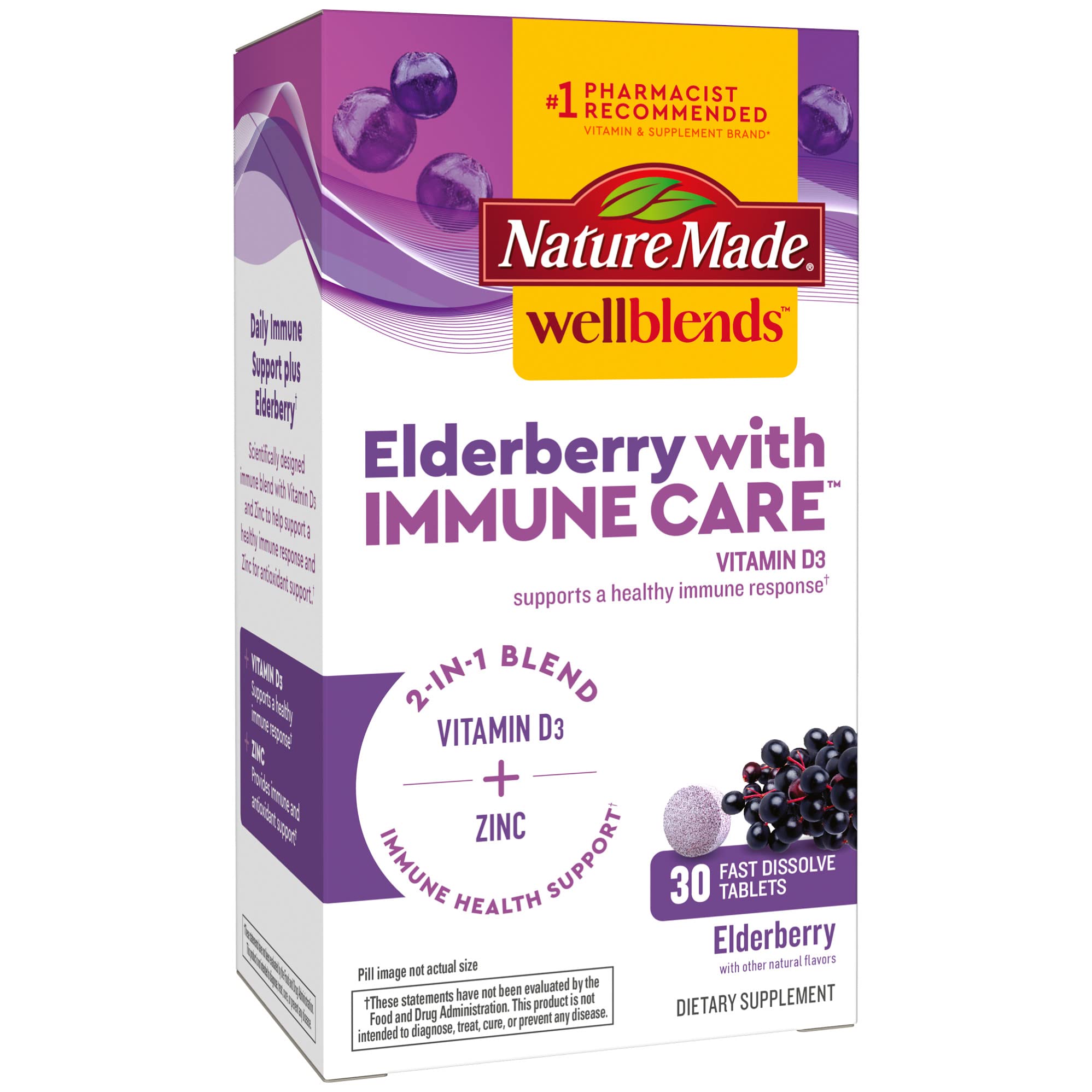 Nature Made Wellblends Elderberry with ImmuneCare - Vitamin D3 1500 IU & Zinc, 30 Tablets