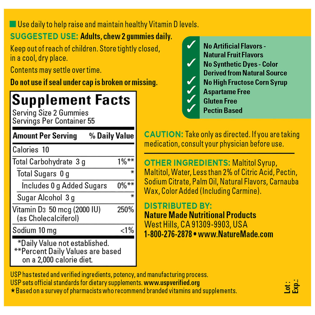 Nature Made Zero Sugar Vitamin D3 Gummies 2000 IU (50 mcg) – 55 Day Supply