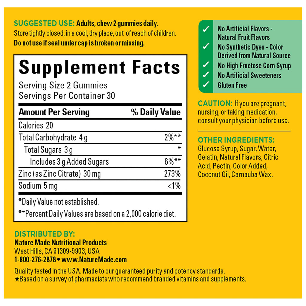 Nature Made Zinc 30 mg Gummies – Immune Support & Antioxidant Health, 60-Count