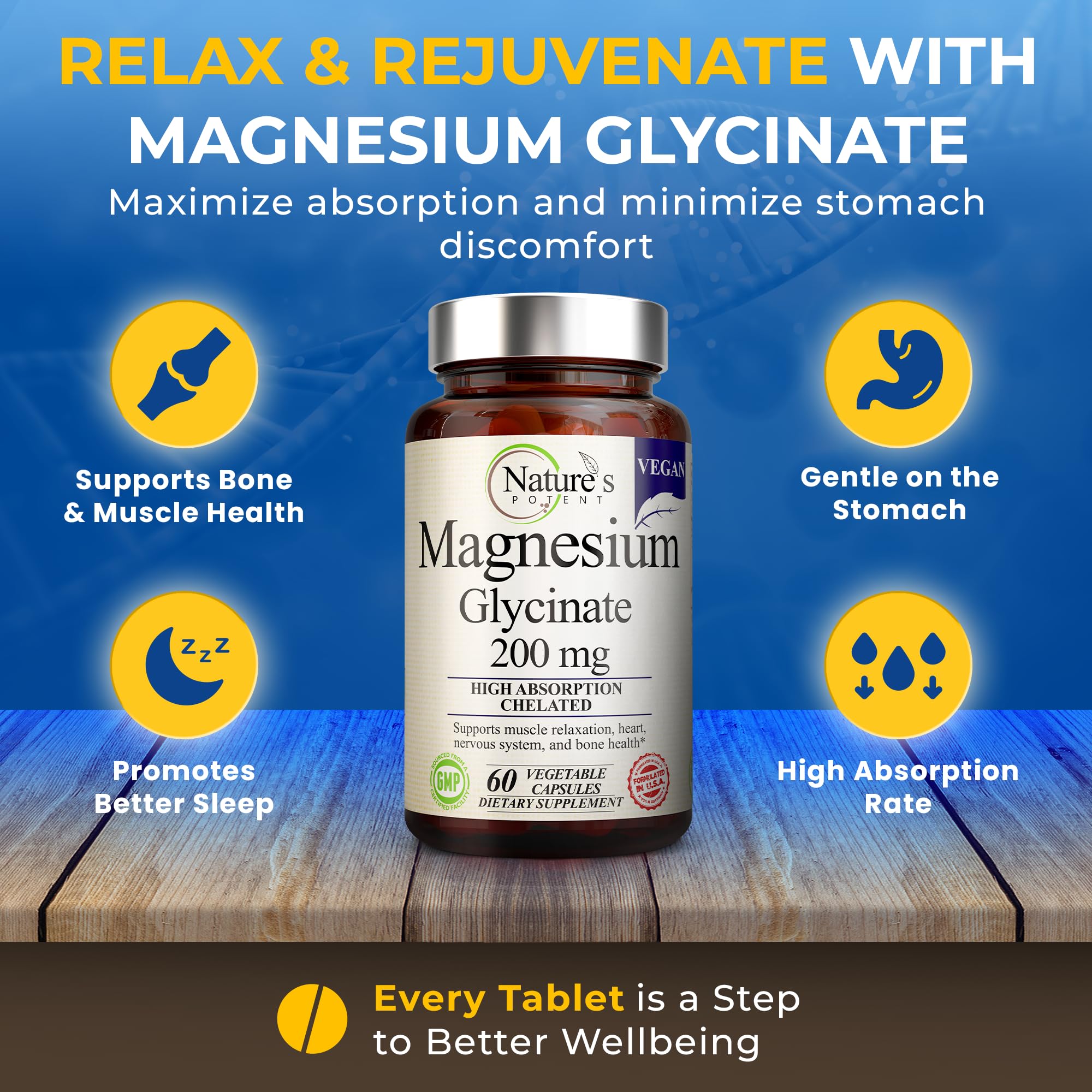 Nature’s Potent Magnesium Glycinate 200mg – High Absorption Chelated Magnesium | Sleep, Calm & Muscle Support | Vegan, 60 Capsules
