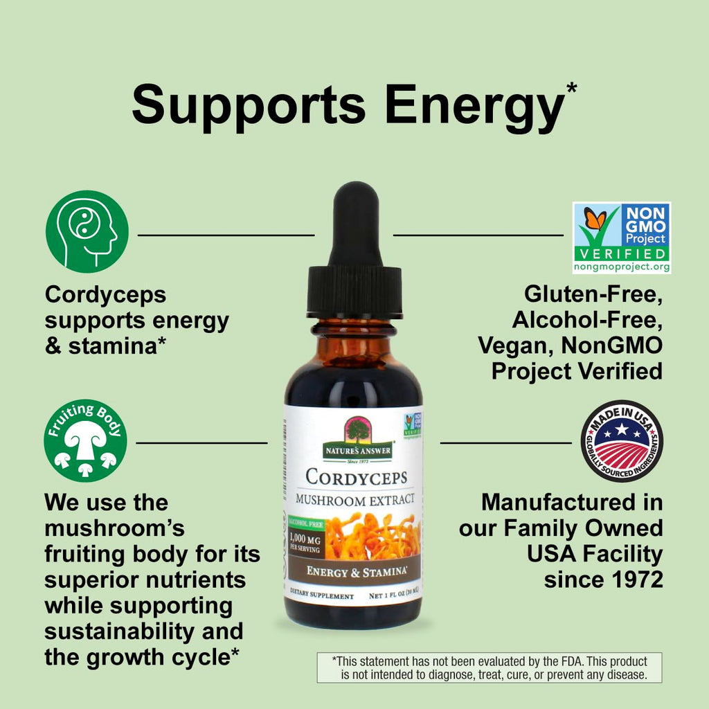 Cordyceps Mushroom Extract – Alcohol Free, 1 fl oz (30 ml) | 1,000 mg per Serving