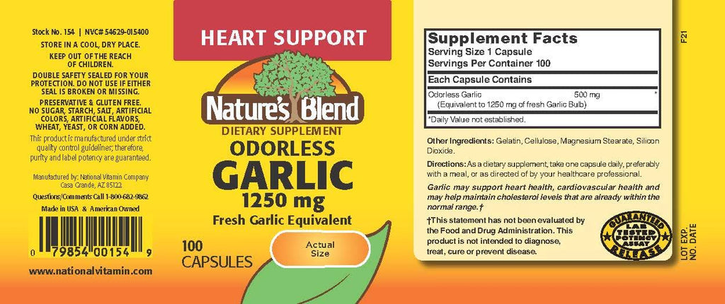 Nature's Blend Odorless Garlic 1250 mg - 100 Caps | Heart Health