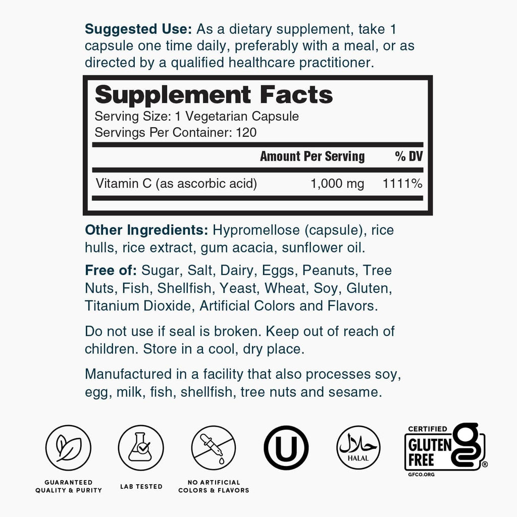 Nature's Lab Vitamin C 1000mg Per Capsule - Supports Immune System Health, 120 Count (Pack of 1)