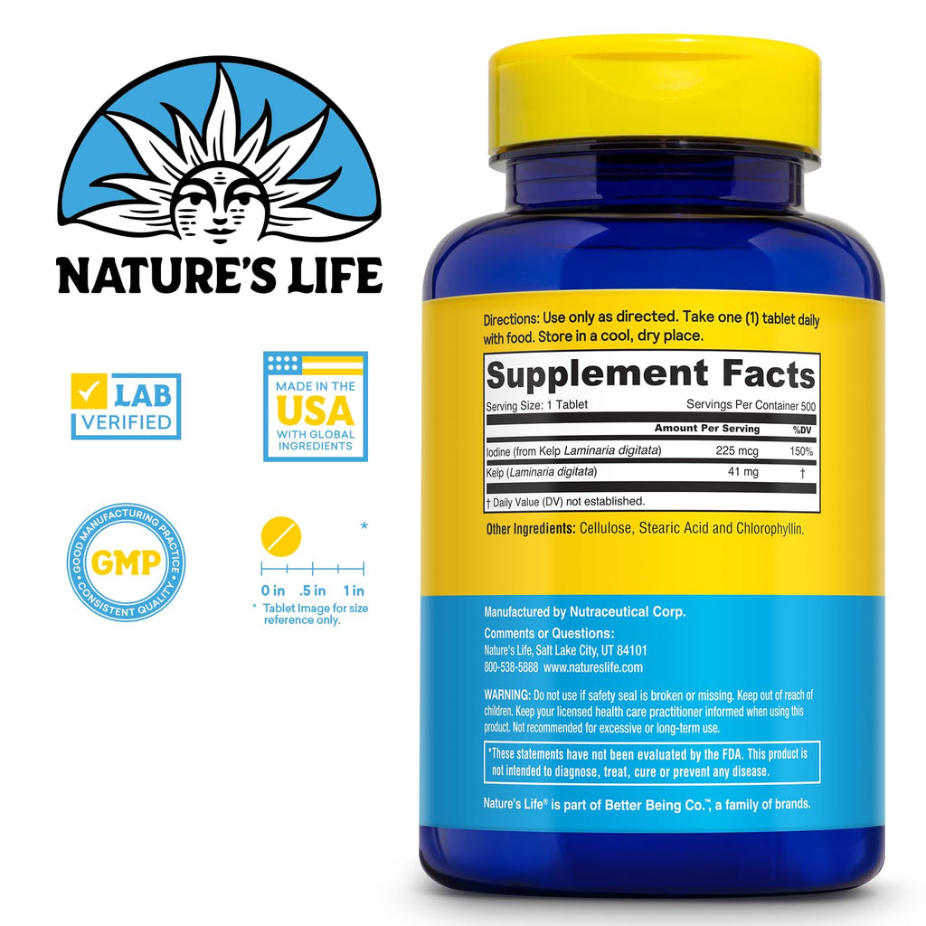 Nature’s Life Icelandic Kelp 41 mg Tablets – Iodine Supplement & Thyroid Support | Gluten Free, Non-GMO