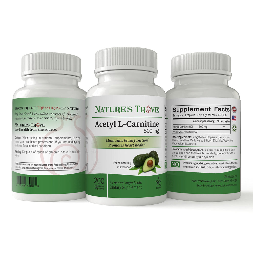 Nature's Trove ALCAR 500 mg - 200 Vegetarian Capsules | Acetyl L-Carnitine