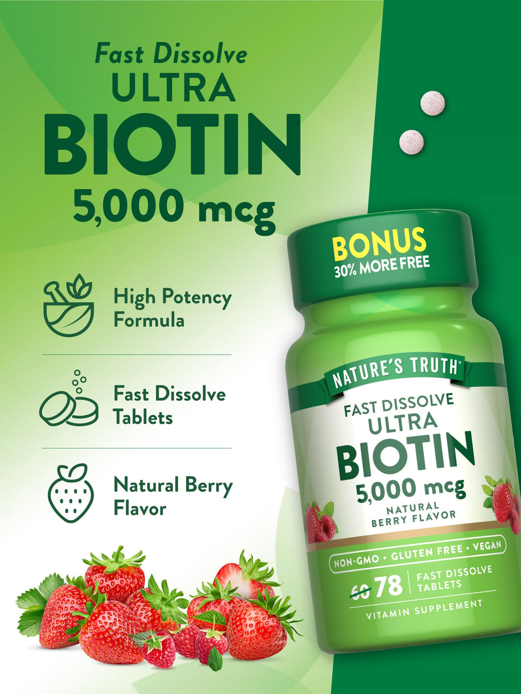 Nature's Truth Biotin 5000mcg | 78 Fast-Dissolve Tablets | Berry Flavor | Vegan, Non-GMO & Gluten Free (Pack of 2)