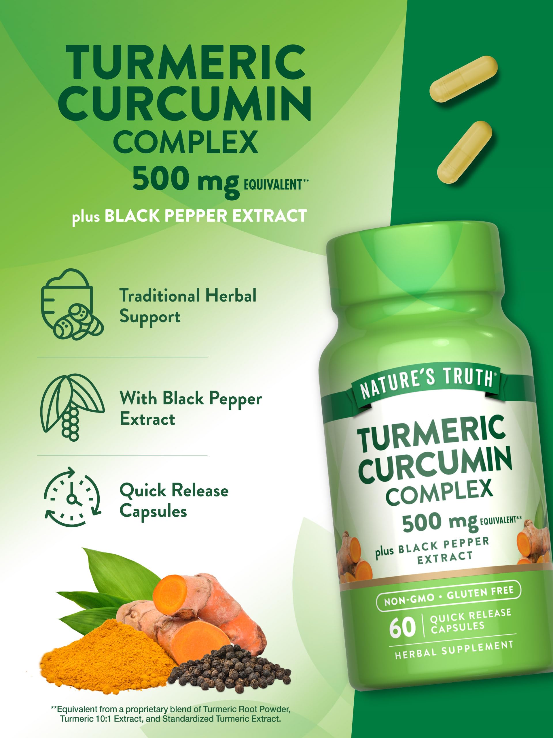 Nature's Truth Turmeric Curcumin with Black Pepper Extract - 500mg, 60 Capsules | Non-GMO & Gluten-Free
