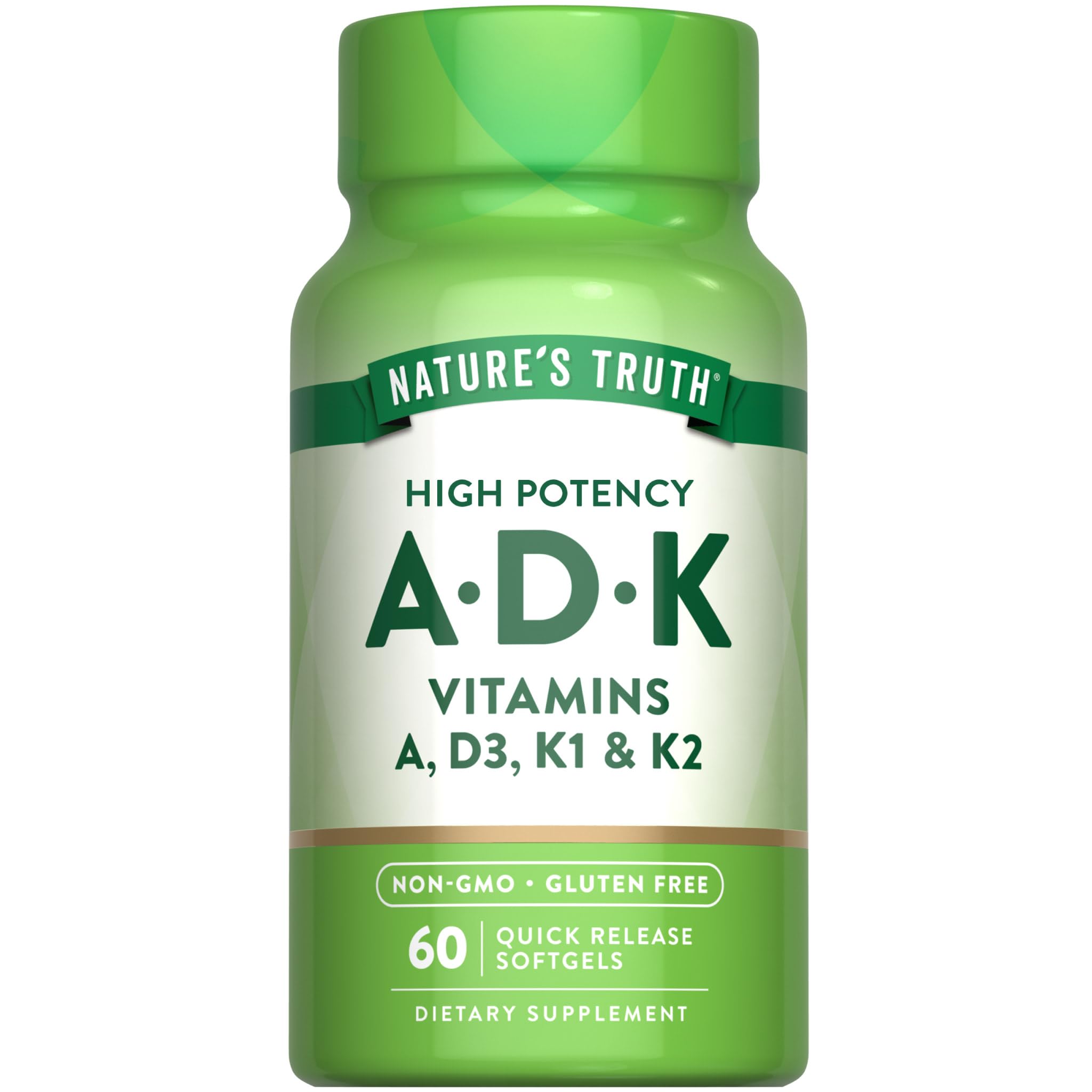 Nature’s Truth Vitamin ADK Softgels – 60 Count | High Potency A, D3 & K1/K2, Non-GMO