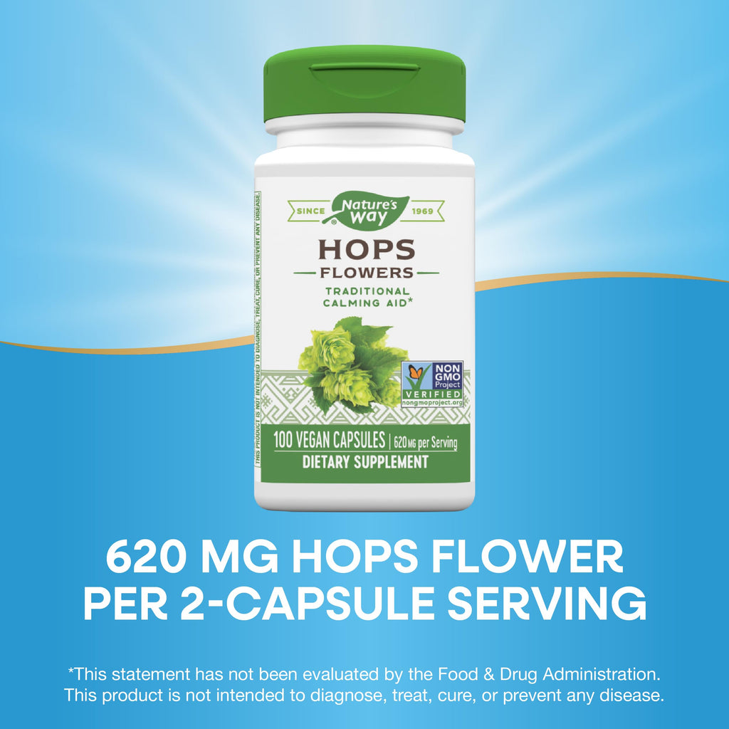 Nature's Way Hops Flowers - Calming Aid, 620 mg per 2-Capsule Serving