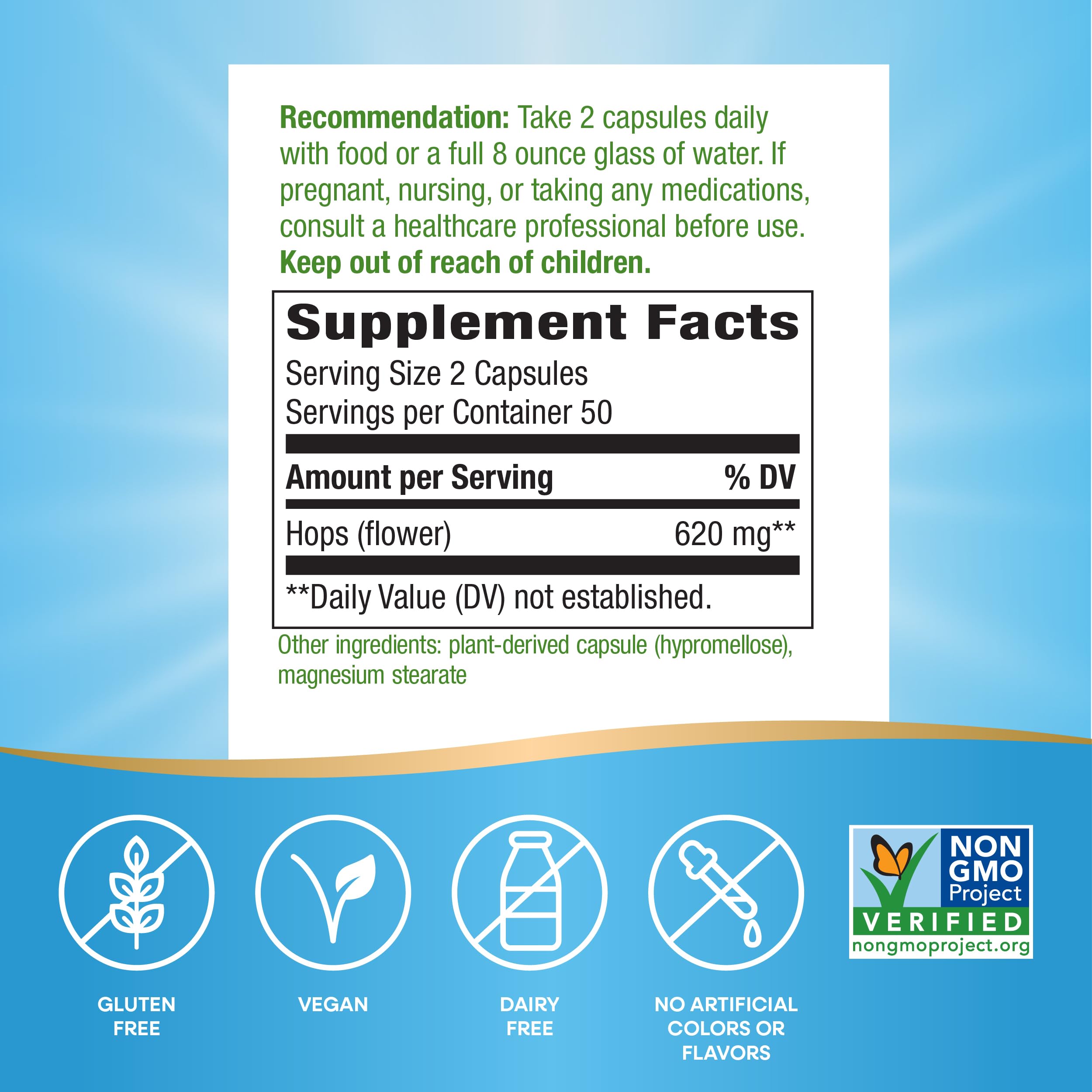 Nature's Way Hops Flowers - Calming Aid, 620 mg per 2-Capsule Serving