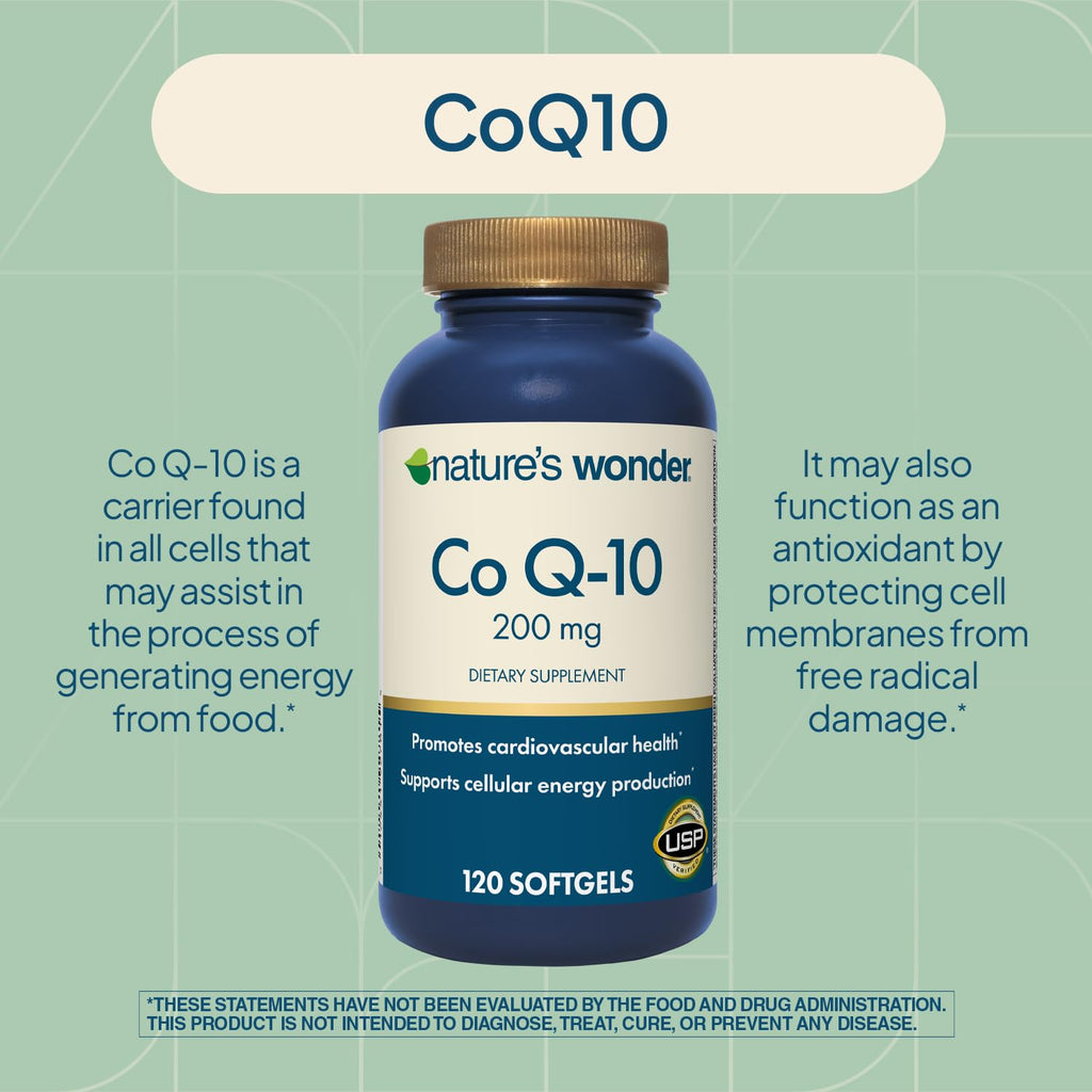 Nature's Wonder CoQ10 Supplement - CoQ10 200mg Softgels to Support Heart Health, Cardiovascular Function, and Cellular Energy Production, 120 Softgels, 120 Days Supply