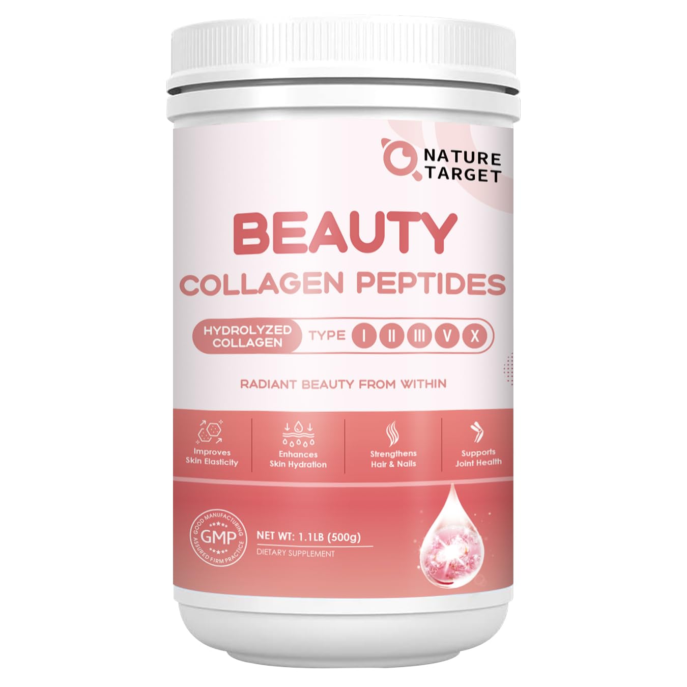 NATURE TARGET Beauty Collagen Peptides Powder for Women – Multi-Collagen with Vitamin C, Biotin & Hyaluronic Acid, Unflavored, Keto Friendly