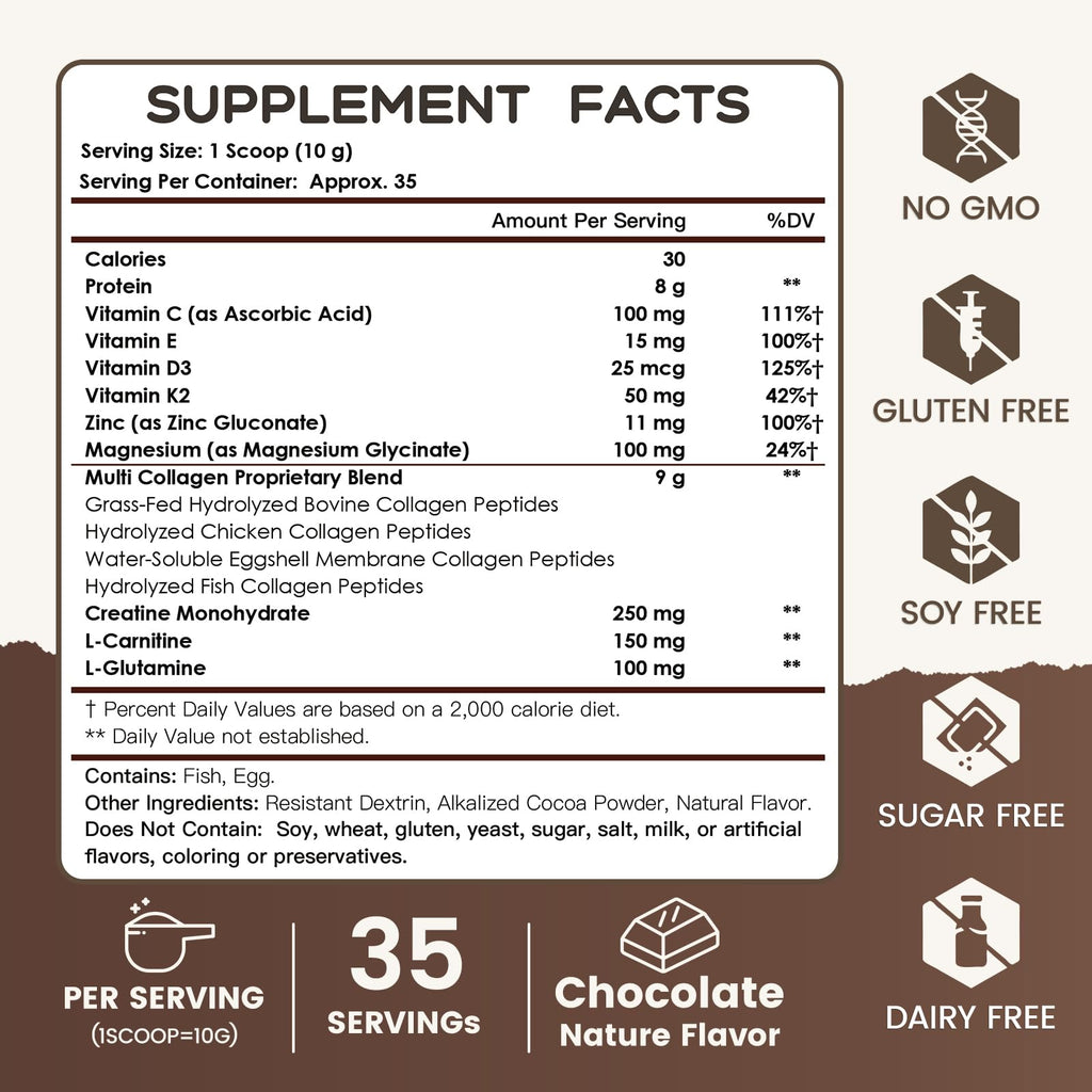 NATURE TARGET Chocolate Multi Collagen Peptides – Gluten Free, Vitamin C & D3 | 35 Servings