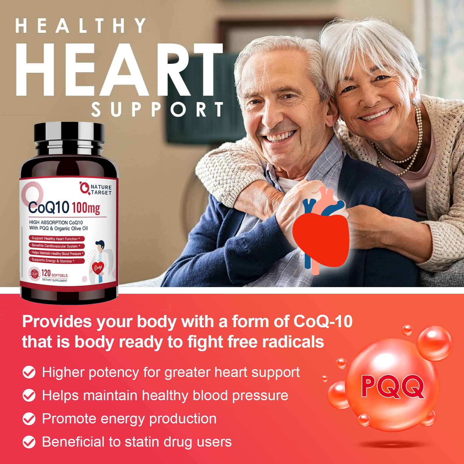 NATURE TARGET CoQ10 100mg Softgels with 10mg PQQ - High Absorption CoQ10 in Organic Olive Oil | Heart, Brain & Energy Support | 120 Servings