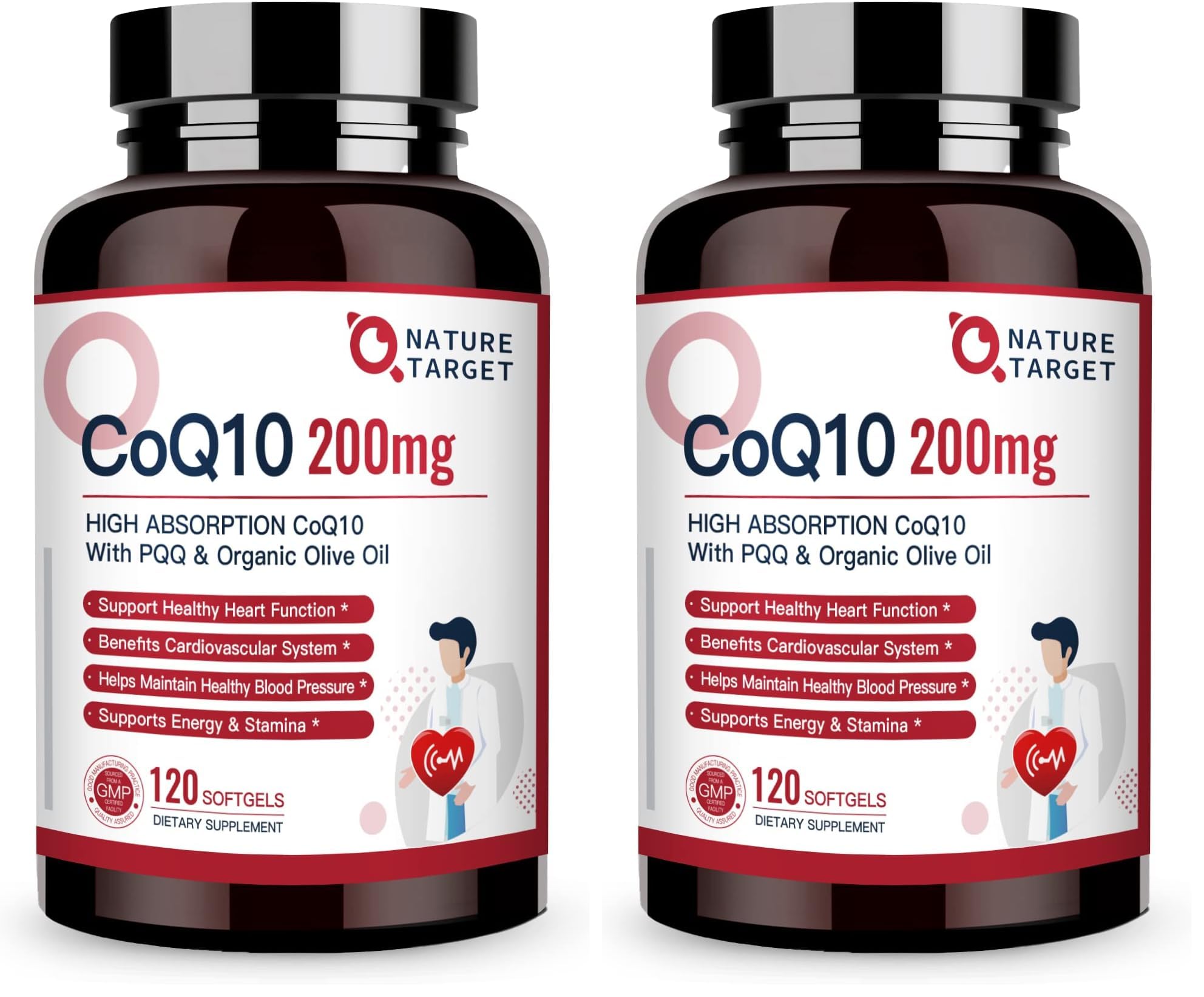 Nature Target CoQ10 200mg Softgels + PQQ with Organic Olive Oil – High Absorption, 240 Softgels (Pack of 2)